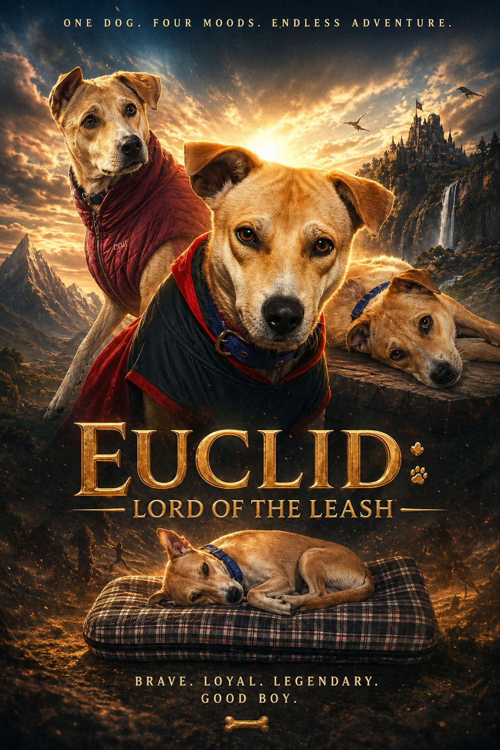 Euclid the dog styled as a dramatic Lord of the Leash cinematic poster